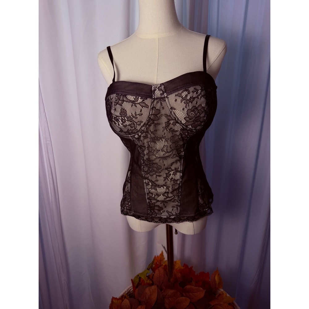 Charlotte Russe Black Floral Lace Corset Bustier Top Cream Lining Large Q4640